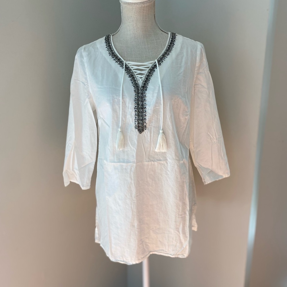 Chico’s White Beaded Lace Up Beach Cover Tunic